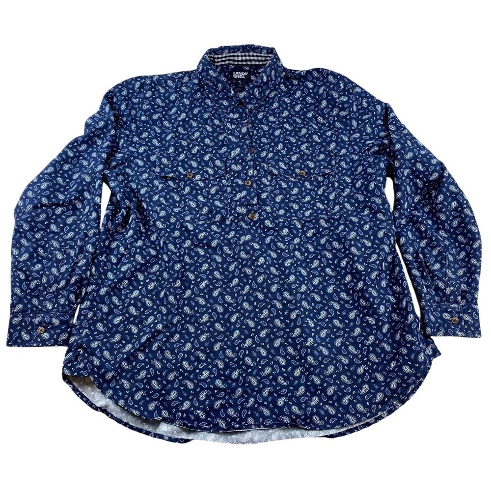 Lands End Womans Shirt XL Paisley Long Sleeve Cotton Navy & White